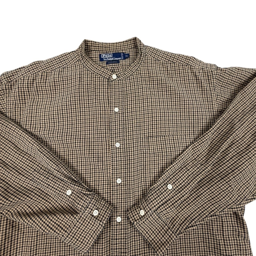 Polo Ralph Lauren Postboy Shirt Mens XL Brown Houndstooth Banded Collar Cotton